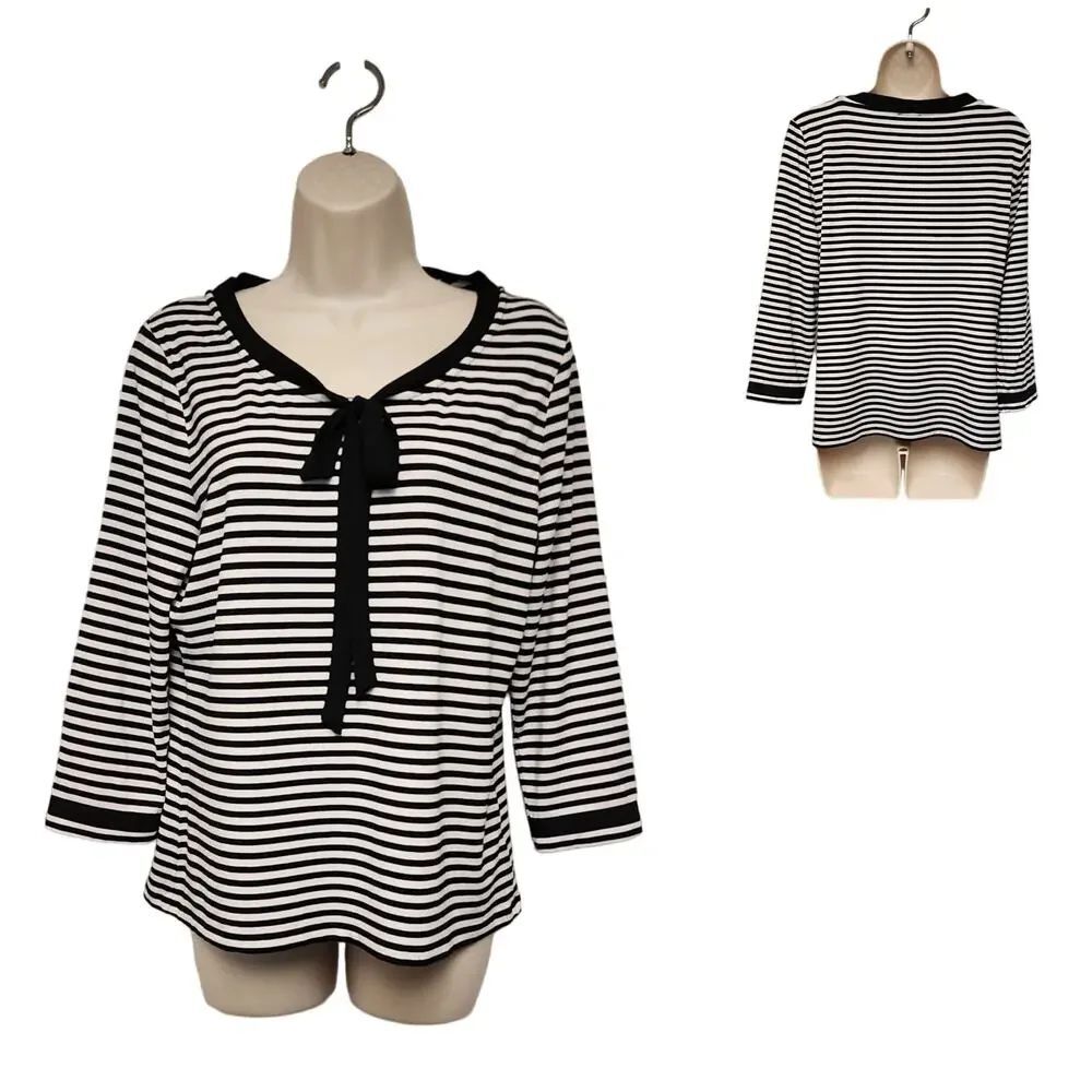Talbots Womens Top Black White Stripe Knit 3/4 Sleeve Blouse Size PL